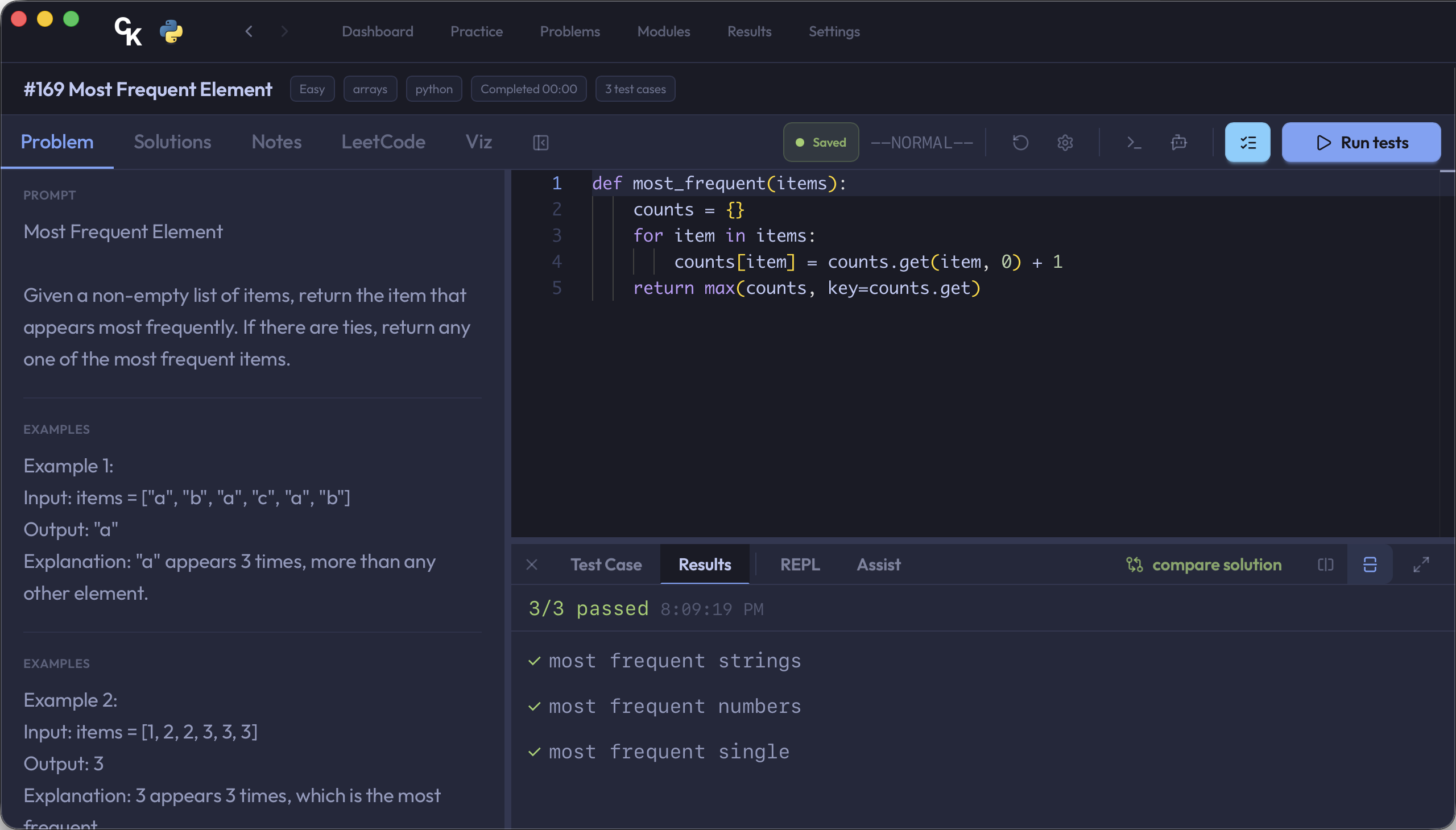 Code Kata desktop editor showing a Python problem, code solution, and three passing test results.