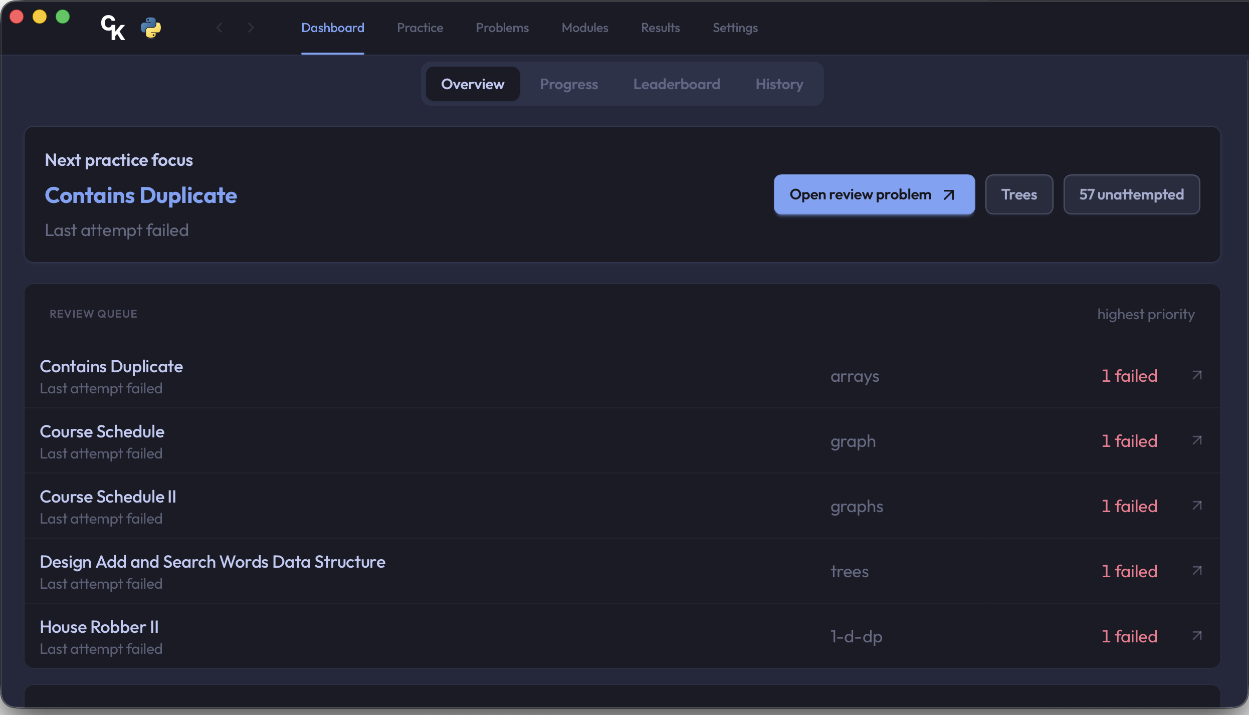 Code Kata dashboard overview showing next practice focus and a review queue.